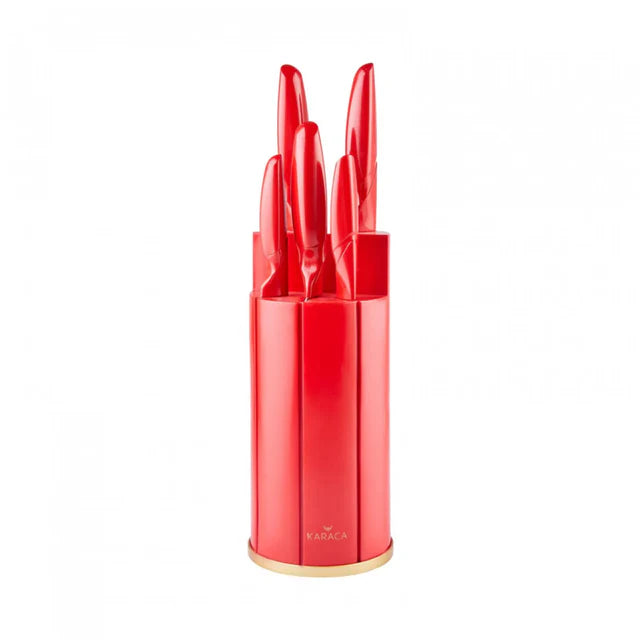 Karaca Retro Red 6-Piece Knife Set with Stand, 153.03.06.1749