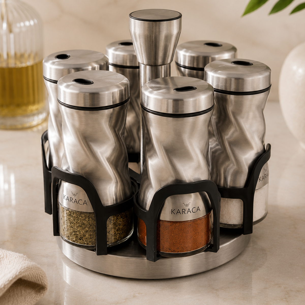 Karaca Tottori Inox 7-Piece Round Glass Spice Set, 153.03.06.4731