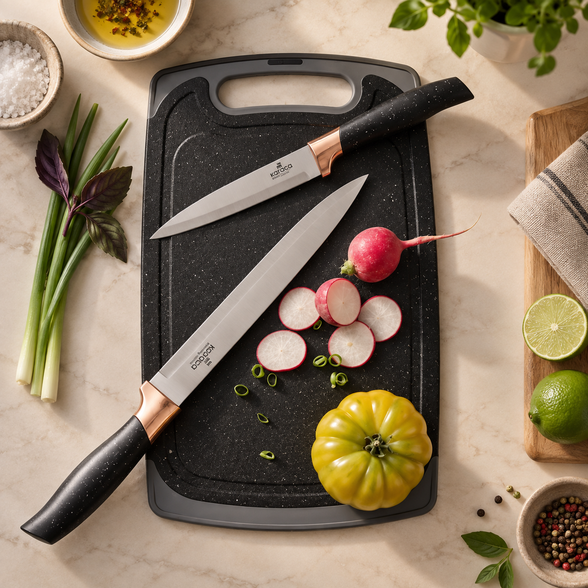 Karaca Gusto 12-Piece Knife & Kitchen Utensil Set with Block & Chopping Board – Black, 153.03.06.7246