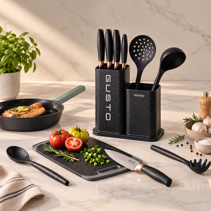 Karaca Gusto 12-Piece Knife & Kitchen Utensil Set with Block & Chopping Board – Black, 153.03.06.7246