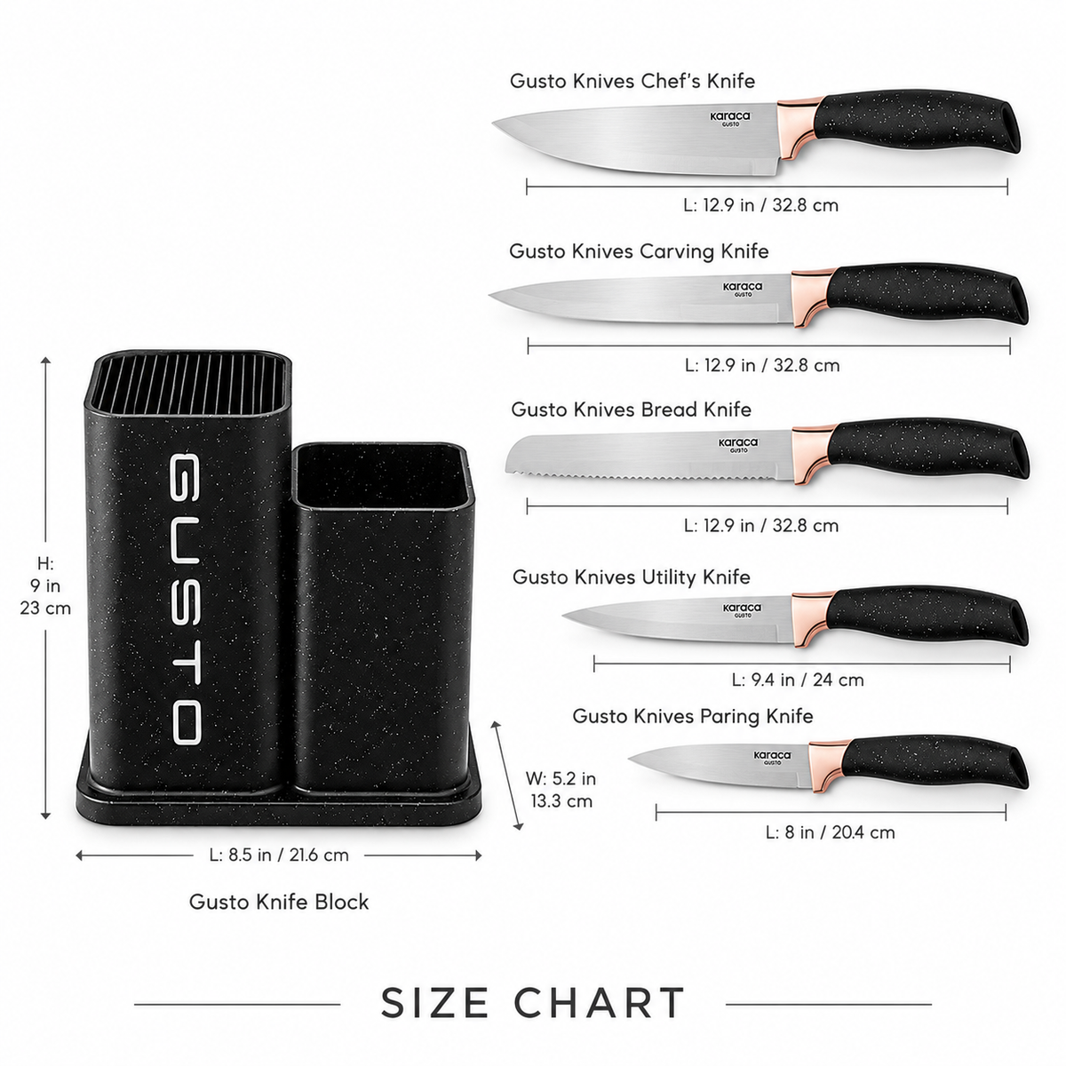 Karaca Gusto 12-Piece Knife & Kitchen Utensil Set with Block & Chopping Board – Black, 153.03.06.7246