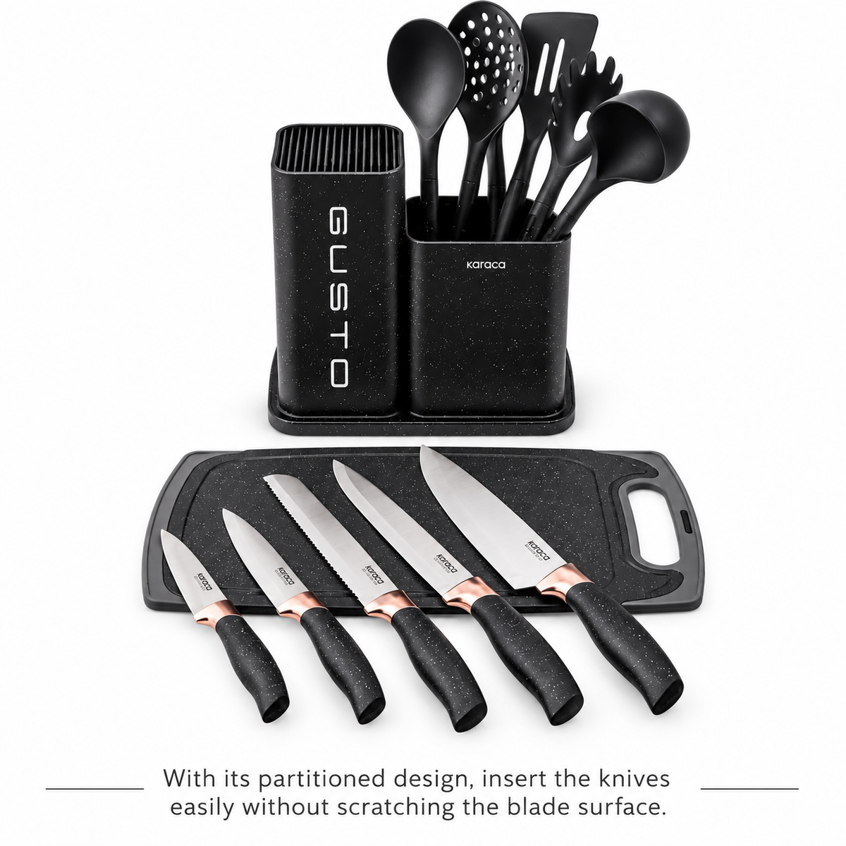 Karaca Gusto 12-Piece Knife & Kitchen Utensil Set with Block & Chopping Board – Black, 153.03.06.7246