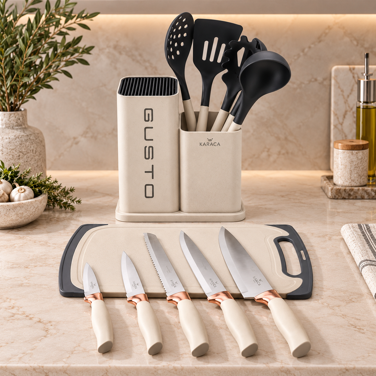 Karaca Gusto 12-Piece Knife & Kitchen Utensil Set with Block & Chopping Board – Cream, 153.03.06.7255