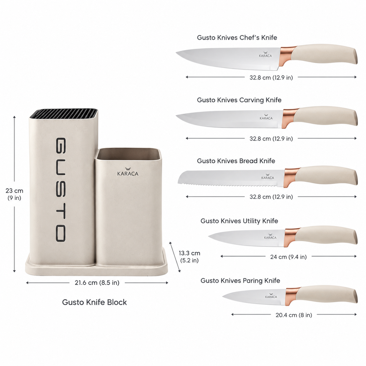 Karaca Gusto 12-Piece Knife & Kitchen Utensil Set with Block & Chopping Board – Cream, 153.03.06.7255