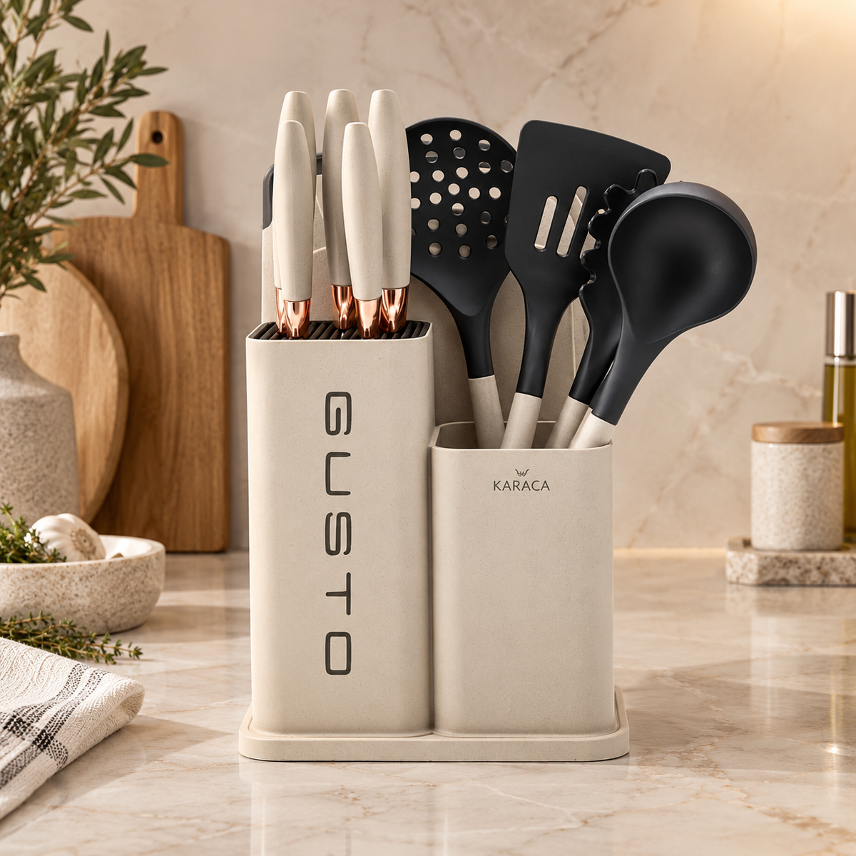 Karaca Gusto 12-Piece Knife & Kitchen Utensil Set with Block & Chopping Board – Cream, 153.03.06.7255