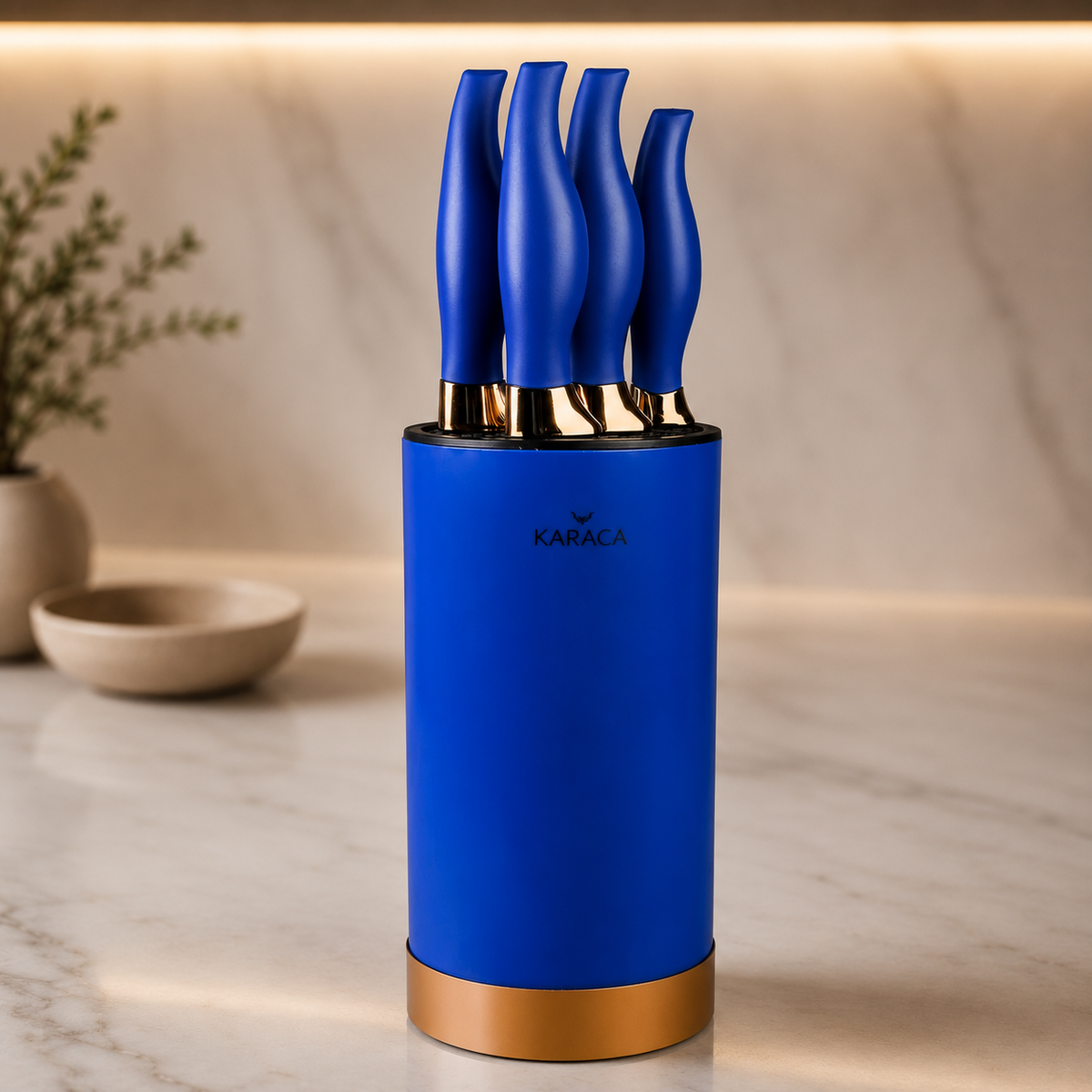 Karaca Blue Gold 6-Piece Knife Set with Stand, 153.03.07.7668