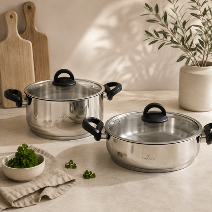 Karaca Florya Antibacterial Stainless Steel Cookware Set Black – 8 Pieces, 153.03.08.0416