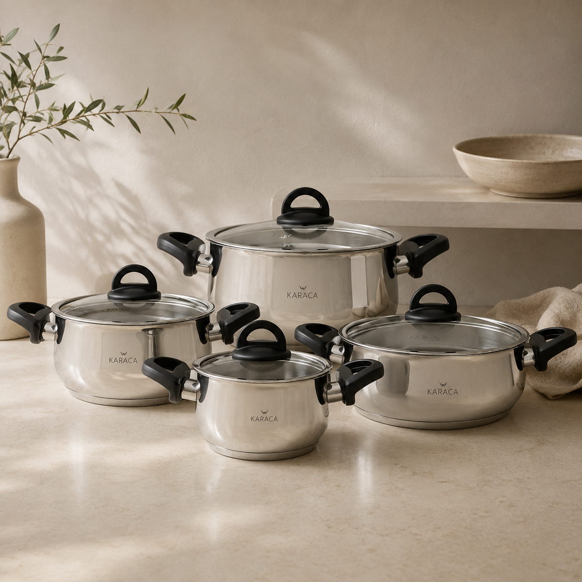 Karaca Florya Antibacterial Stainless Steel Cookware Set Black – 8 Pieces, 153.03.08.0416