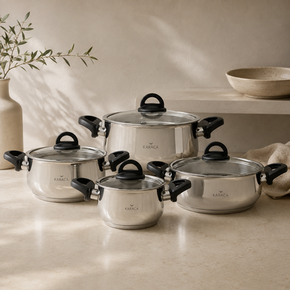 Karaca Florya Antibacterial Stainless Steel Cookware Set Black – 8 Pieces, 153.03.08.0416