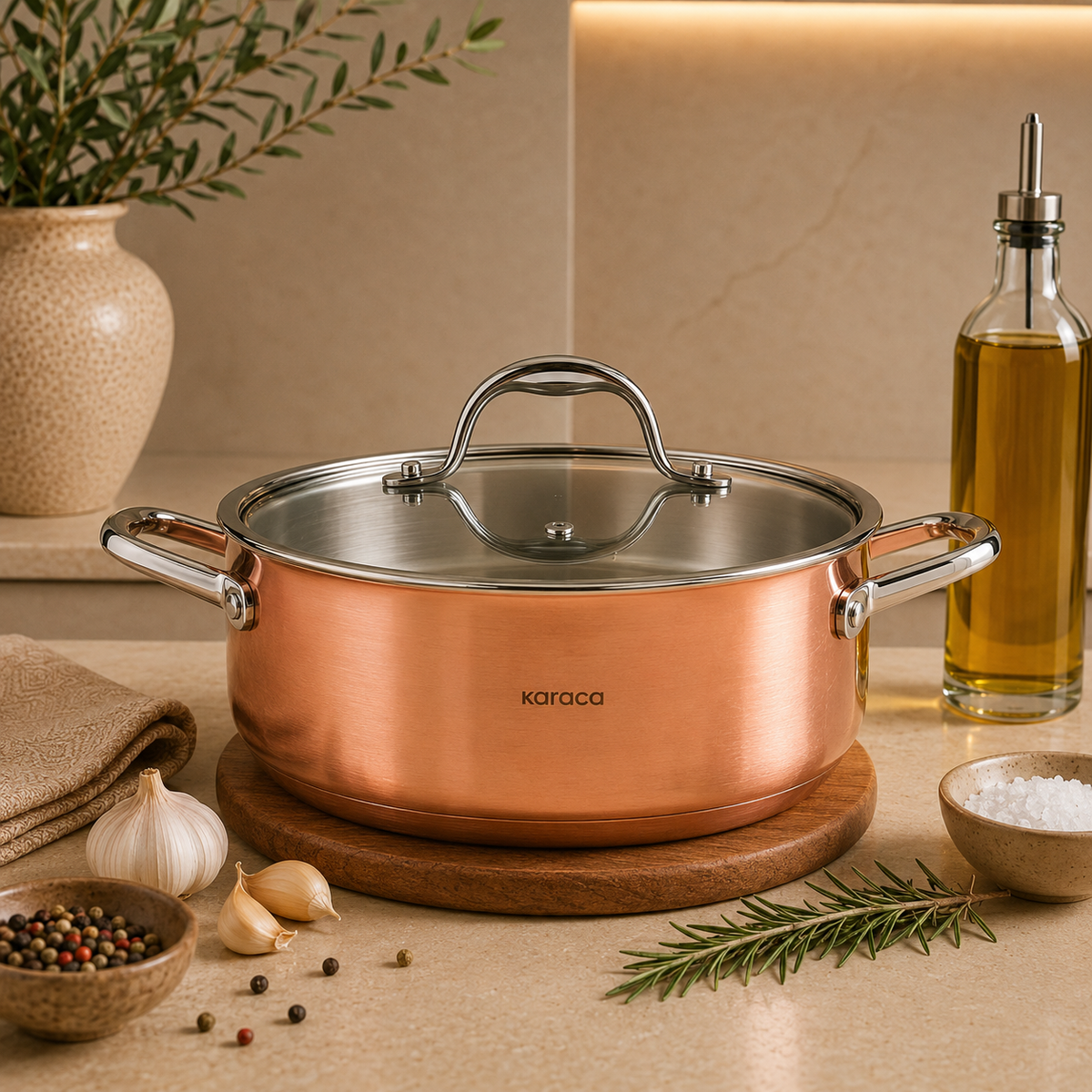 Karaca 3Ply PowerSteel 316+ Stainless Steel Induction Base Copper Pot 24 cm – 4.6 L , 153.03.08.0568