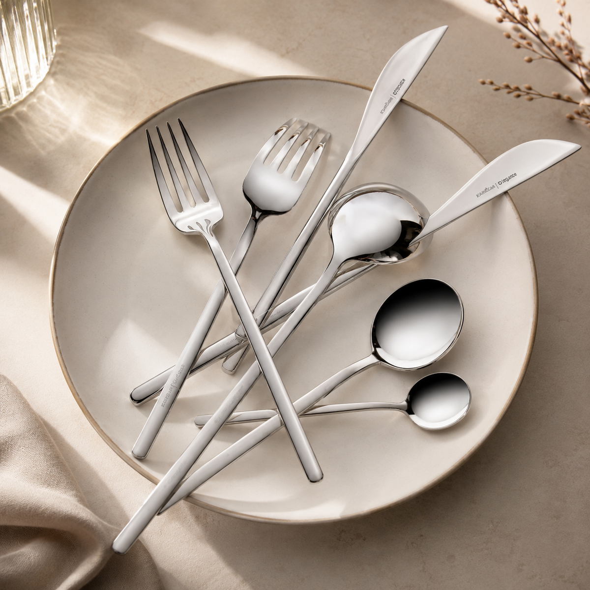 Karaca Focus 84-Piece Stainless Steel Cutlery Set for 12 People | Platinum Finish, 153.03.08.1807