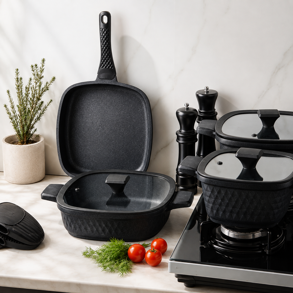 Karaca BioDiamond Cast Iron Square Cookware Set – 7 Pieces, 153.03.08.1853