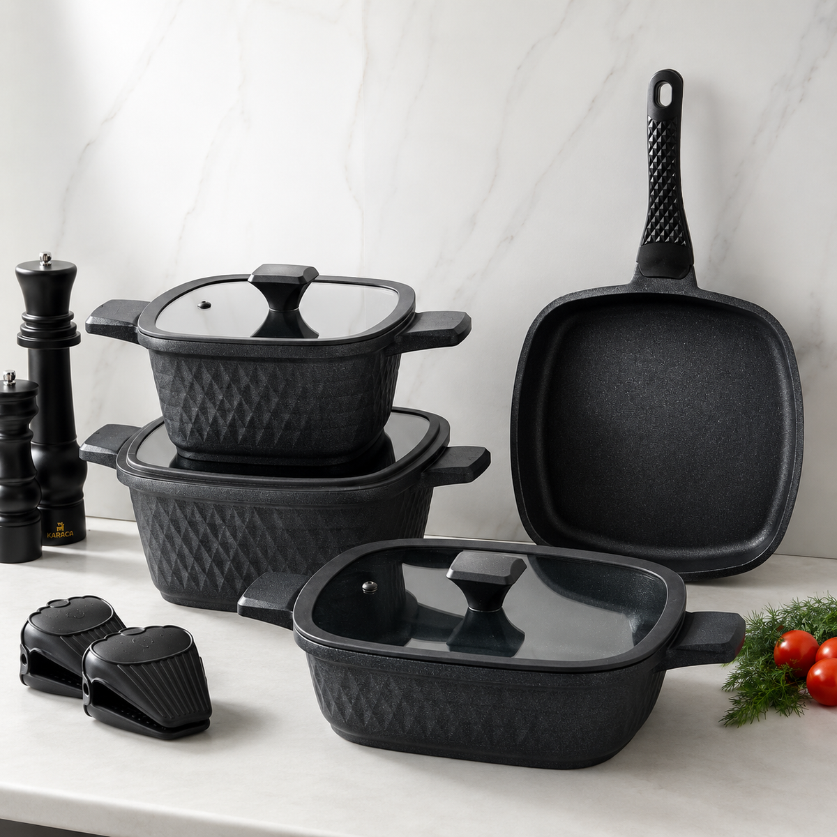 Karaca BioDiamond Cast Iron Square Cookware Set – 7 Pieces, 153.03.08.1853
