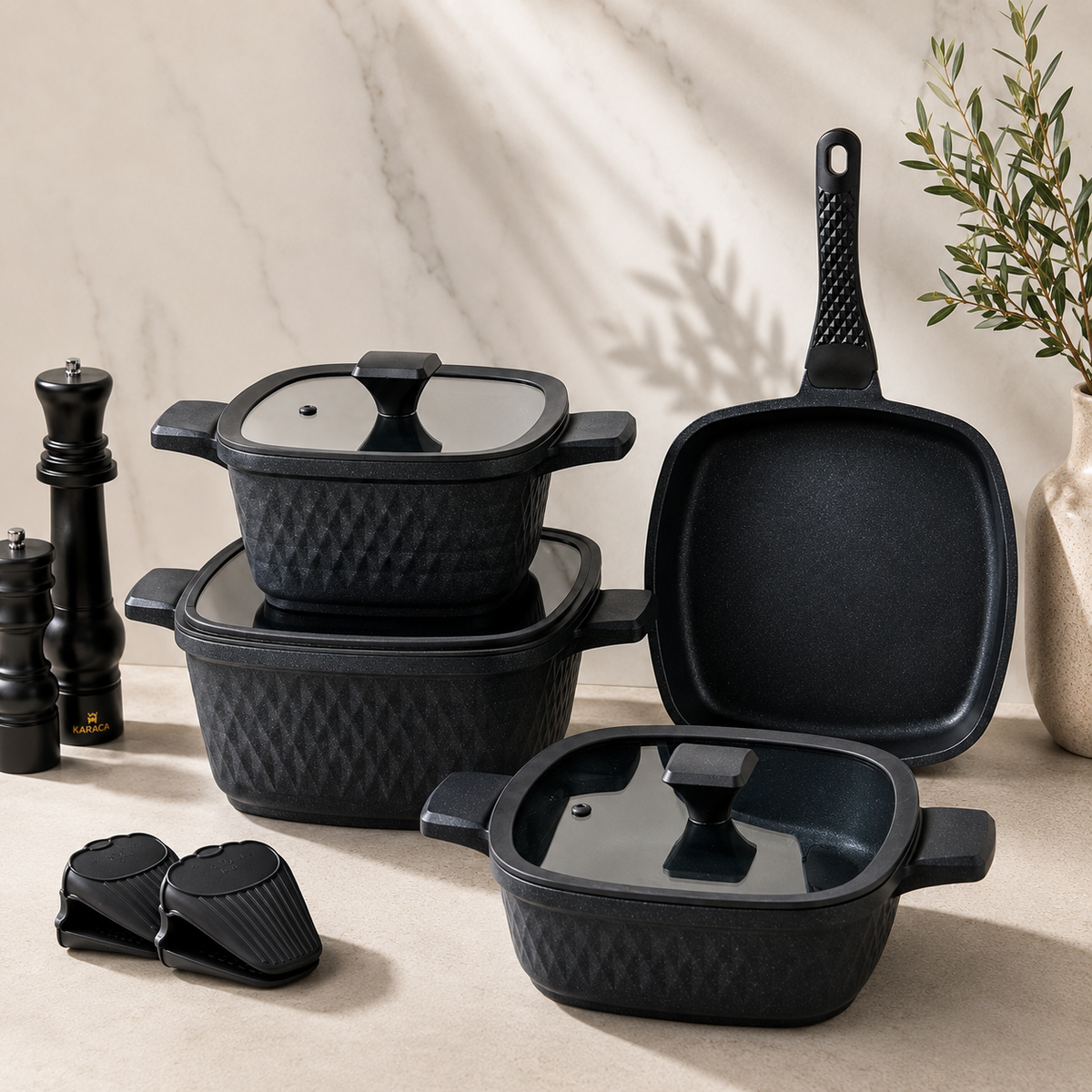 Karaca BioDiamond Cast Iron Square Cookware Set – 7 Pieces, 153.03.08.1853