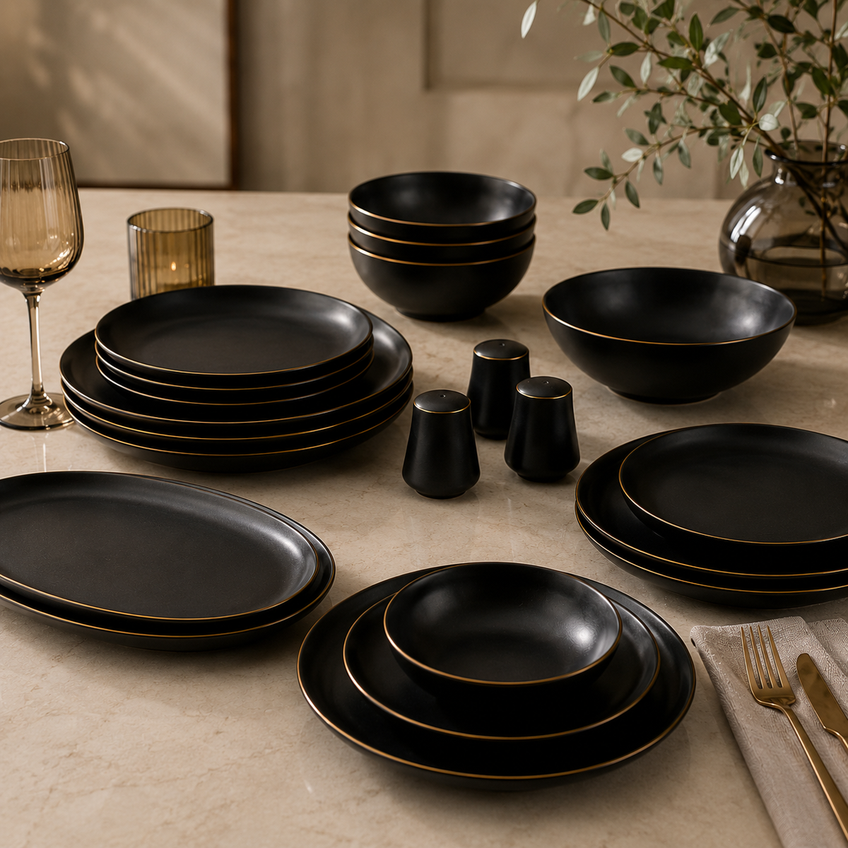 Karaca Elara Matte Black 57-Piece 12-Person Porcelain Dinner Set, 153.03.08.2563