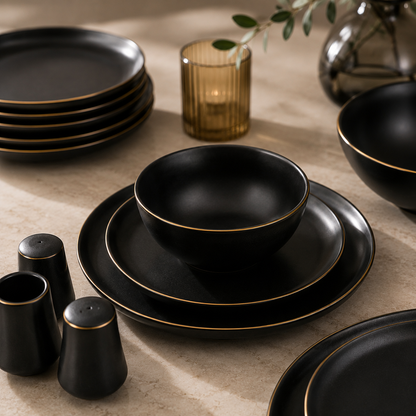 Karaca Elara Matte Black 57-Piece 12-Person Porcelain Dinner Set, 153.03.08.2563