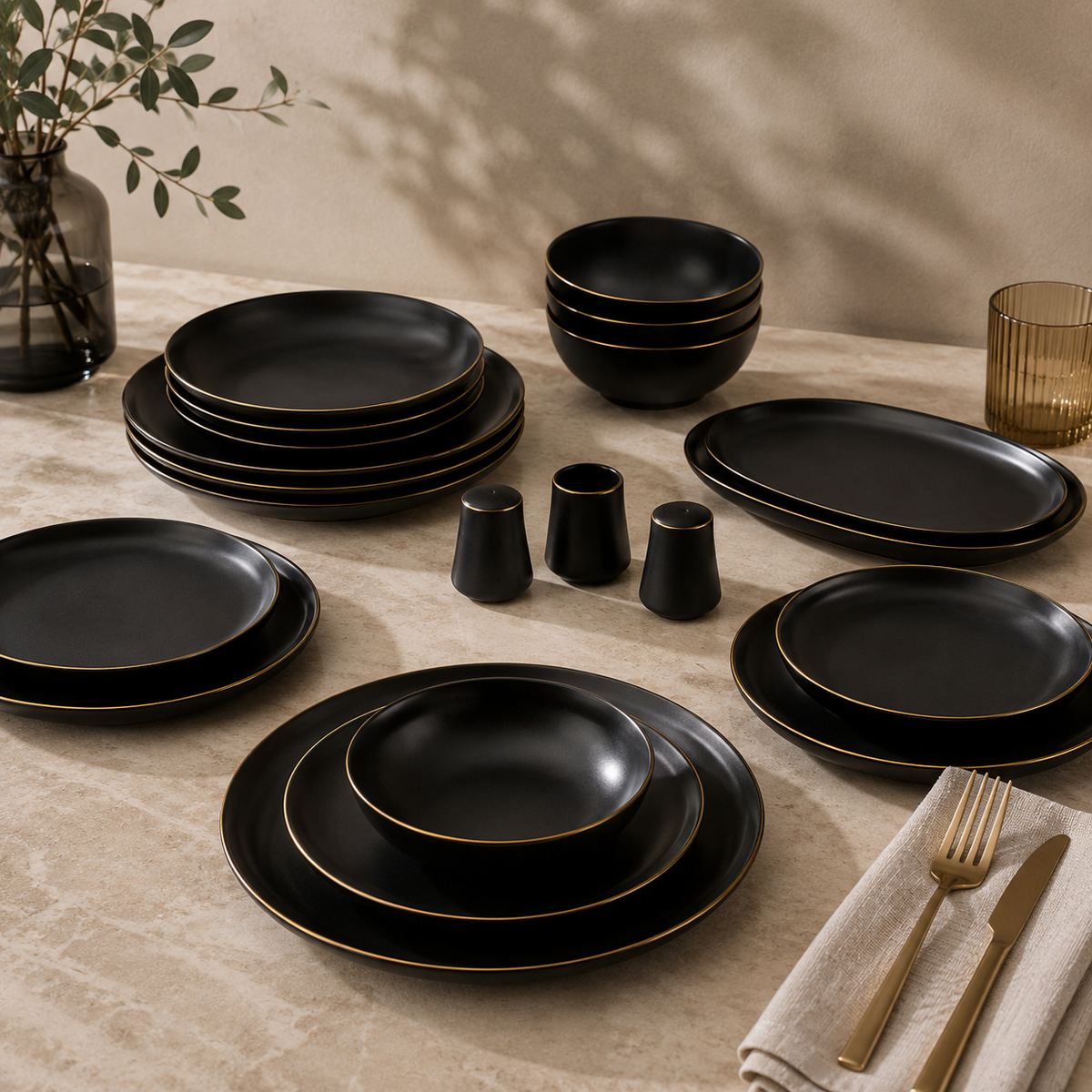 Karaca Elara Matte Black 57-Piece 12-Person Porcelain Dinner Set, 153.03.08.2563