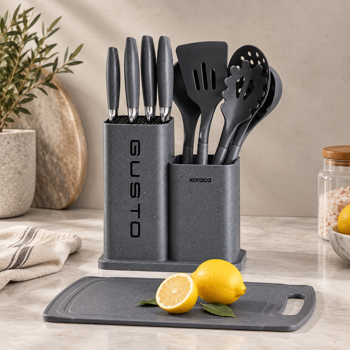 Karaca Gusto 12-Piece Knife & Kitchen Utensil Set with Block & Chopping Board – Grey, 153.03.08.2615