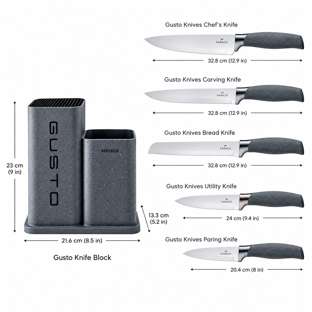 Karaca Gusto 12-Piece Knife & Kitchen Utensil Set with Block & Chopping Board – Grey, 153.03.08.2615