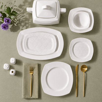 Karaca Deren Square Bone 60-Piece Dinner Set for 12 People – Elegant White Embossed Porcelain, 153.03.08.2652