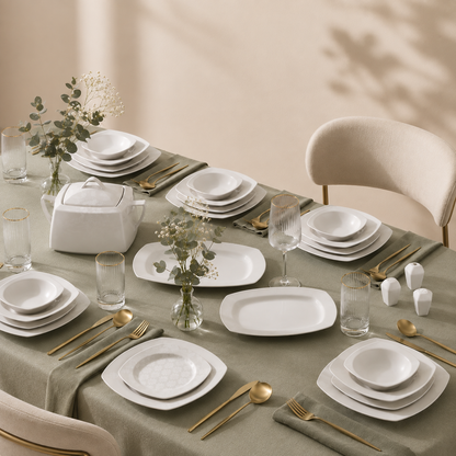 Karaca Deren Square Bone 60-Piece Dinner Set for 12 People – Elegant White Embossed Porcelain, 153.03.08.2652