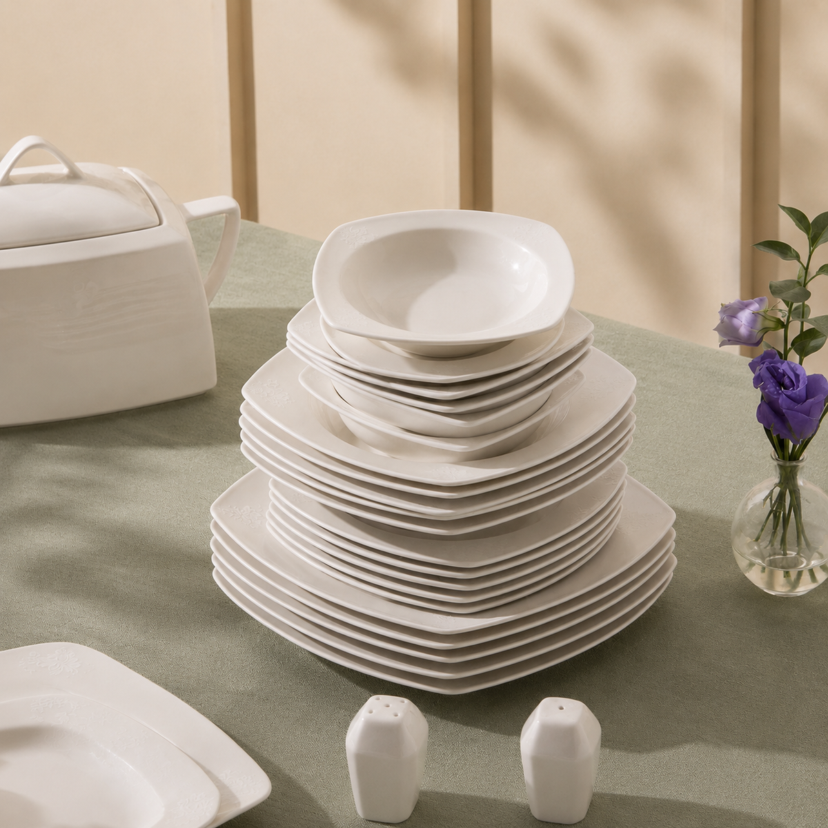 Karaca Deren Square Bone 60-Piece Dinner Set for 12 People – Elegant White Embossed Porcelain, 153.03.08.2652