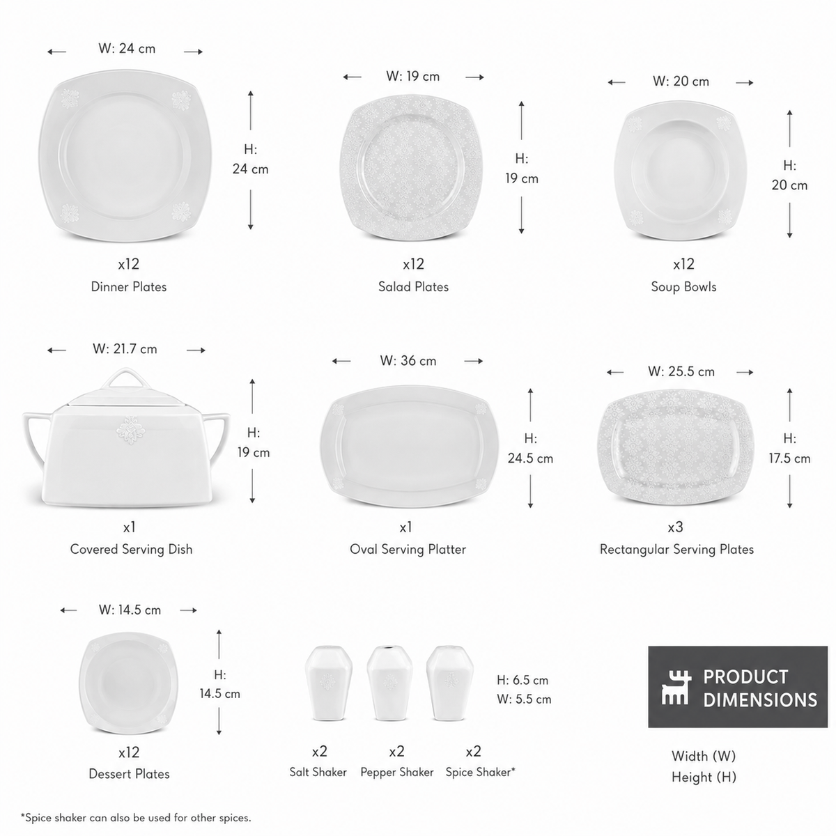 Karaca Deren Square Bone 60-Piece Dinner Set for 12 People – Elegant White Embossed Porcelain, 153.03.08.2652