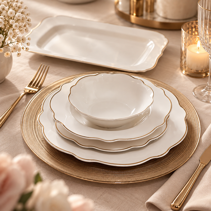 Karaca Daisy Gold Wave Shape Boat-Shaped 27-Piece Porcelain Dinner Set for 6, 153.03.08.3275