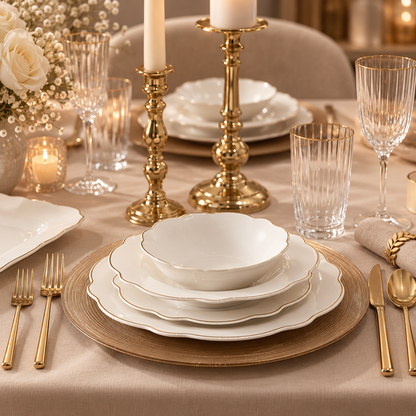 Karaca Daisy Gold Wave Shape Boat-Shaped 27-Piece Porcelain Dinner Set for 6, 153.03.08.3275