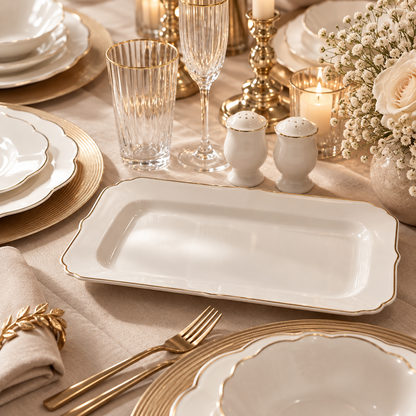 Karaca Daisy Gold Wave Shape Boat-Shaped 27-Piece Porcelain Dinner Set for 6, 153.03.08.3275