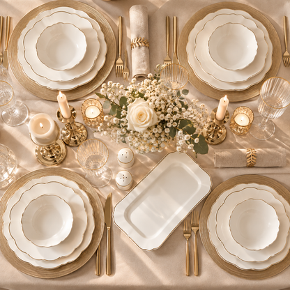 Karaca Daisy Gold Wave Shape Boat-Shaped 27-Piece Porcelain Dinner Set for 6, 153.03.08.3275