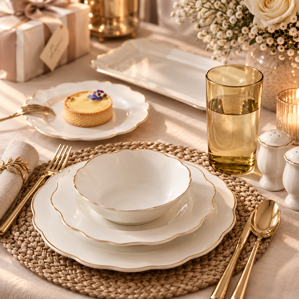 Karaca Daisy Gold Wave Shape Boat-Shaped 27-Piece Porcelain Dinner Set for 6, 153.03.08.3275