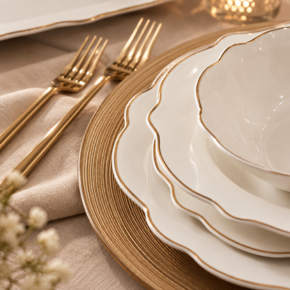Karaca Daisy Gold Wave Shape Boat-Shaped 27-Piece Porcelain Dinner Set for 6, 153.03.08.3275