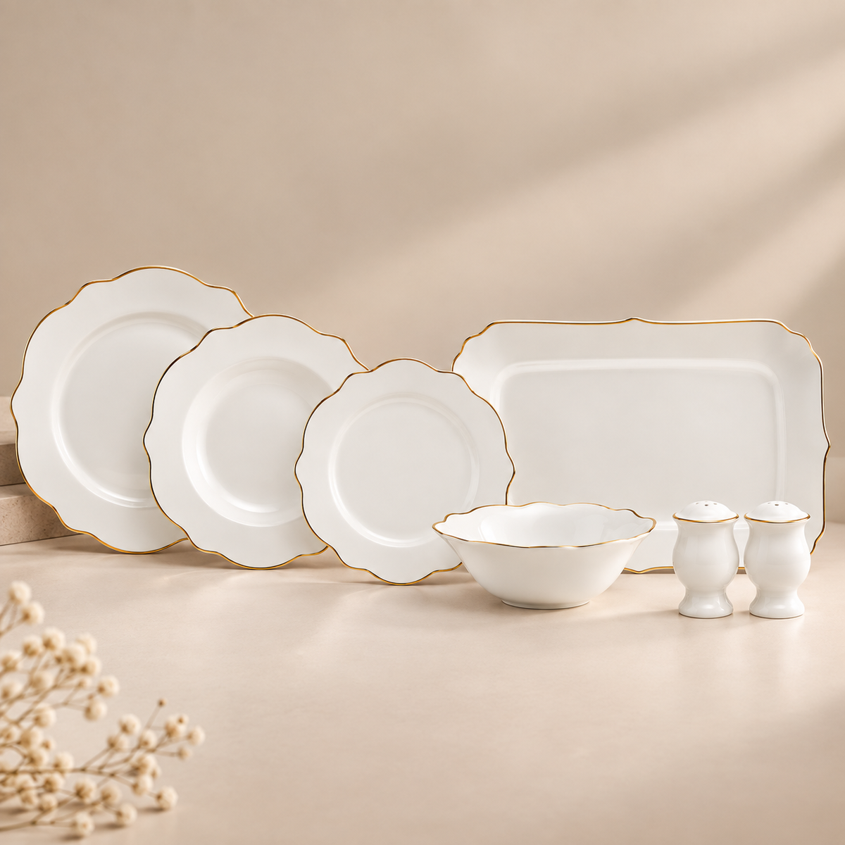 Karaca Daisy Gold Wave Shape Boat-Shaped 27-Piece Porcelain Dinner Set for 6, 153.03.08.3275