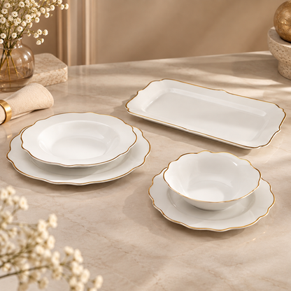 Karaca Daisy Gold Wave Shape Boat-Shaped 27-Piece Porcelain Dinner Set for 6, 153.03.08.3275