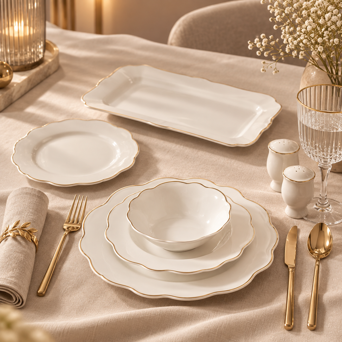 Karaca Daisy Gold Wave Shape Boat-Shaped 27-Piece Porcelain Dinner Set for 6, 153.03.08.3275