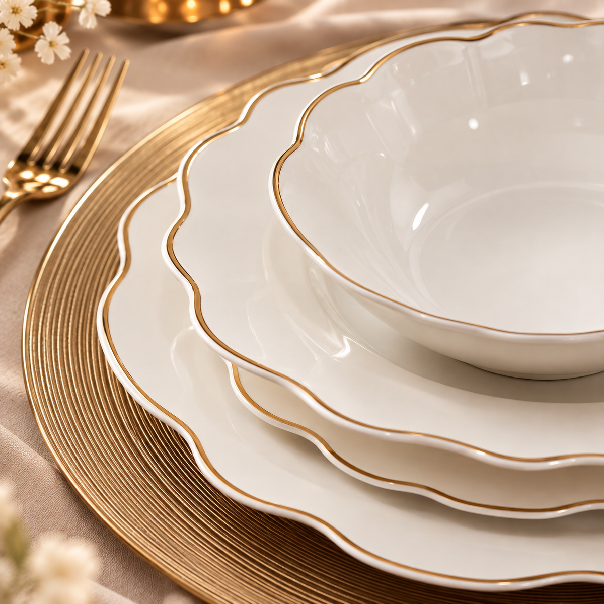 Karaca Daisy Gold Wave Shape Boat-Shaped 27-Piece Porcelain Dinner Set for 6, 153.03.08.3275