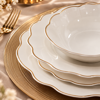 Karaca Daisy Gold Wave Shape Boat-Shaped 27-Piece Porcelain Dinner Set for 6, 153.03.08.3275