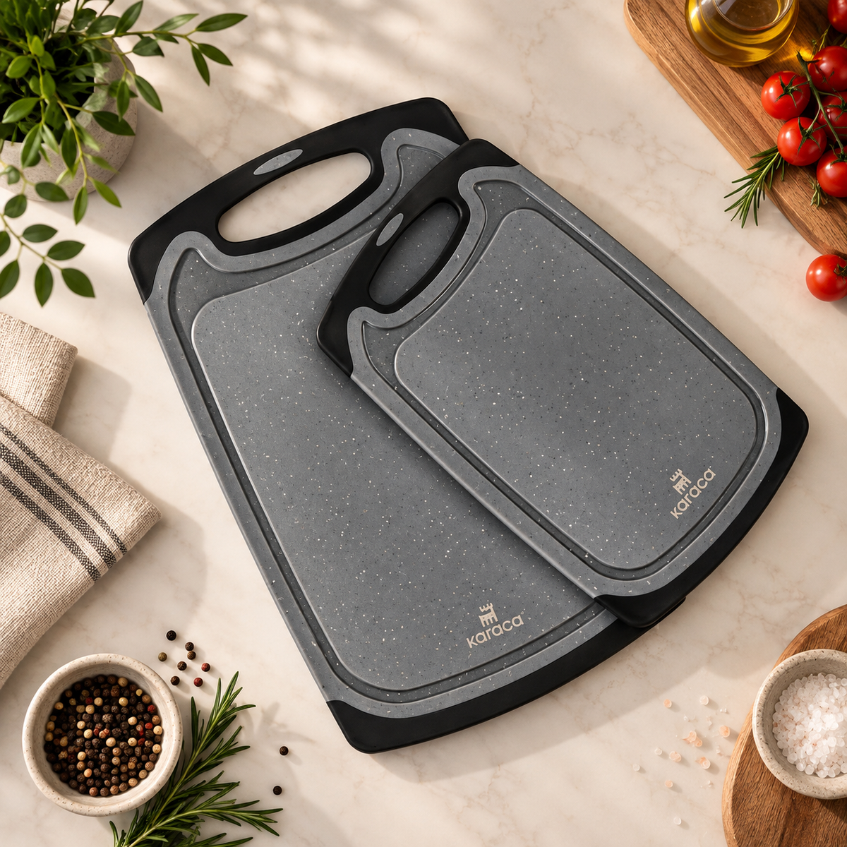 Karaca Daily Granite Patterned 2-Piece Gray Cutting Board Set, 153.03.09.0040