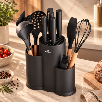 Karaca Burby Black Wood 14-Piece Serving & Knife Set, 153.03.09.0137