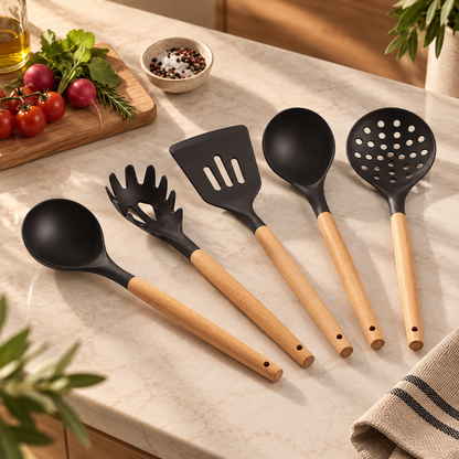 Karaca Burby Black Wood 14-Piece Serving & Knife Set, 153.03.09.0137