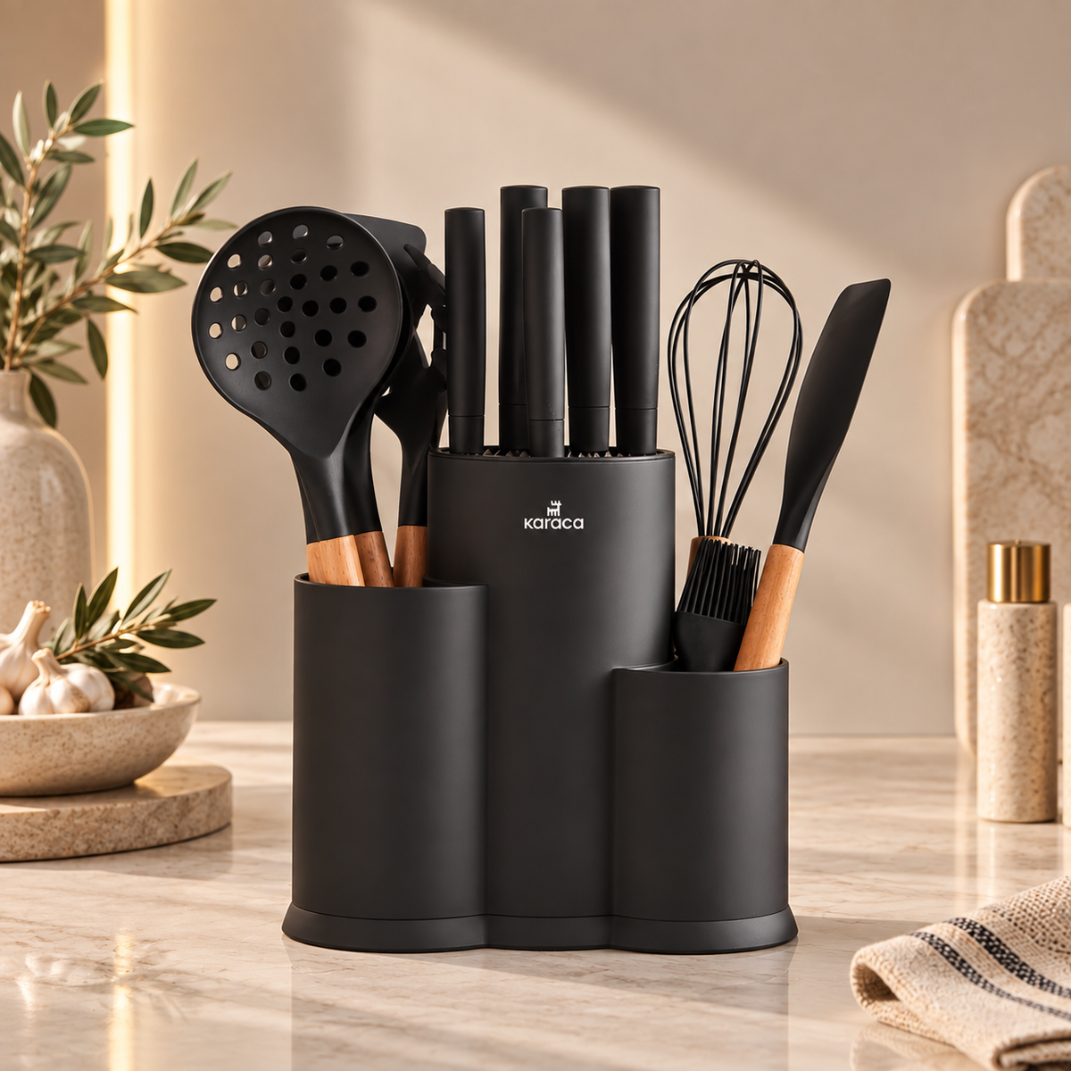 Karaca Burby Black Wood 14-Piece Serving & Knife Set, 153.03.09.0137