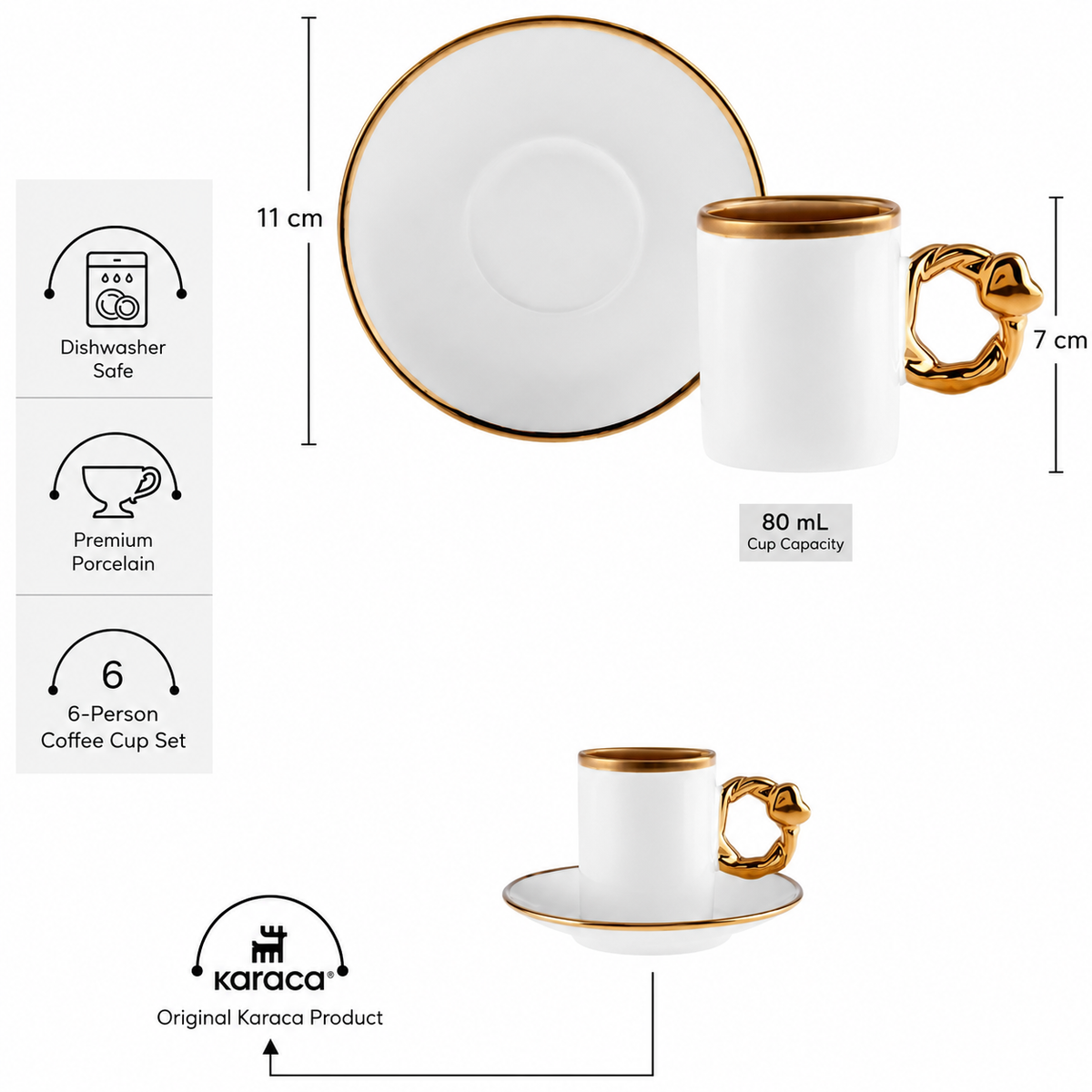 Karaca Heart-Shaped 6-Piece Coffee Cup Set 80 ml, 153.09.01.0228