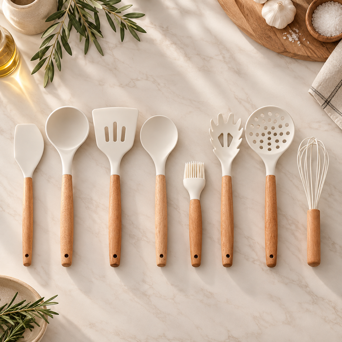 Karaca Burby Cream & Wood 14-Piece Serving and Knife Set, 153.09.01.3204
