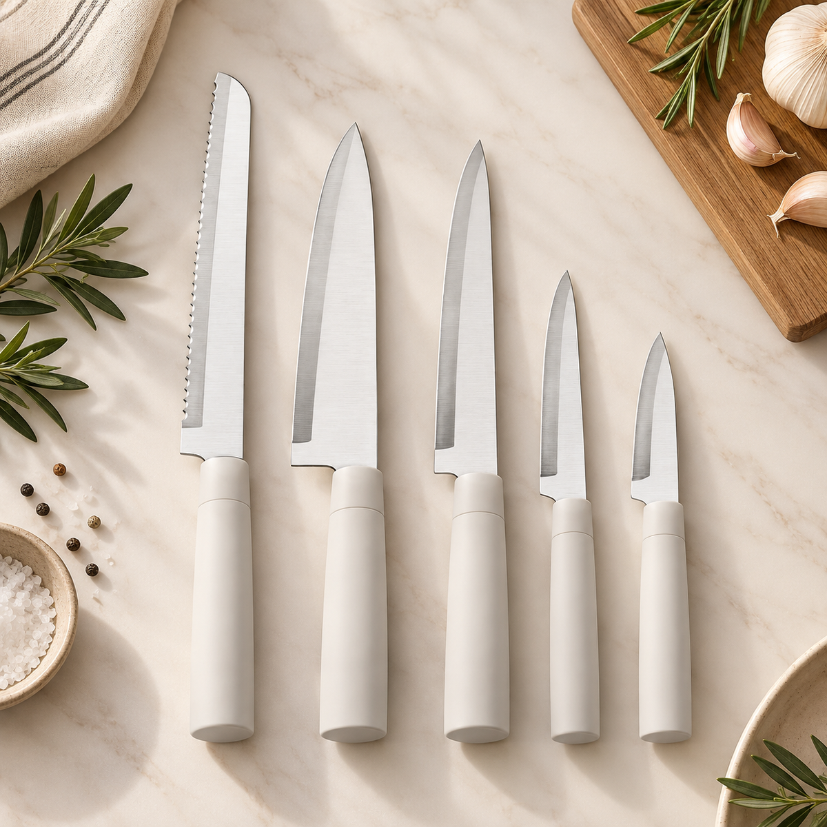 Karaca Burby Cream & Wood 14-Piece Serving and Knife Set, 153.09.01.3204