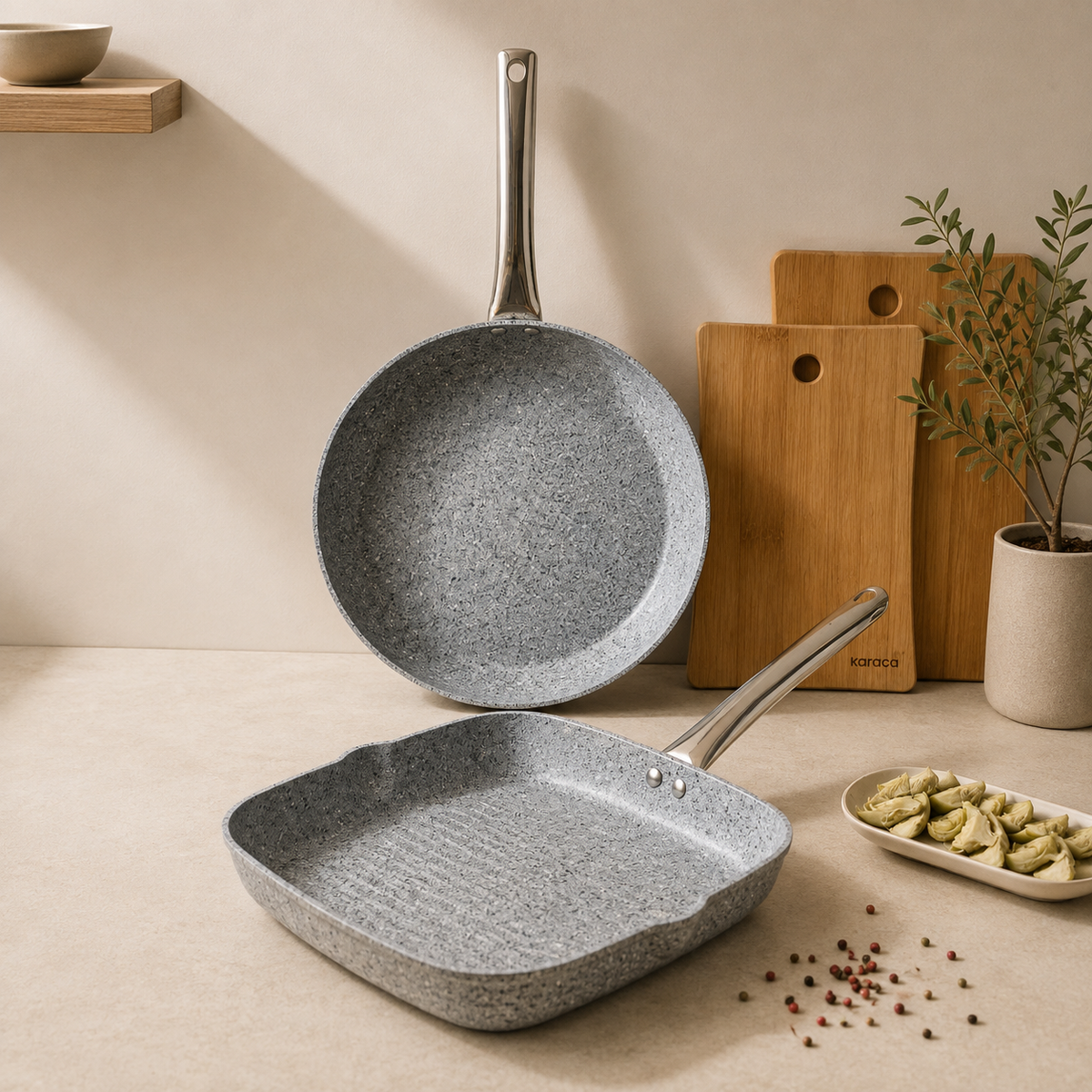 Karaca Biogranit Nare Wok & Grill Pan Set Blue – 2 Pieces, 153.09.01.3580