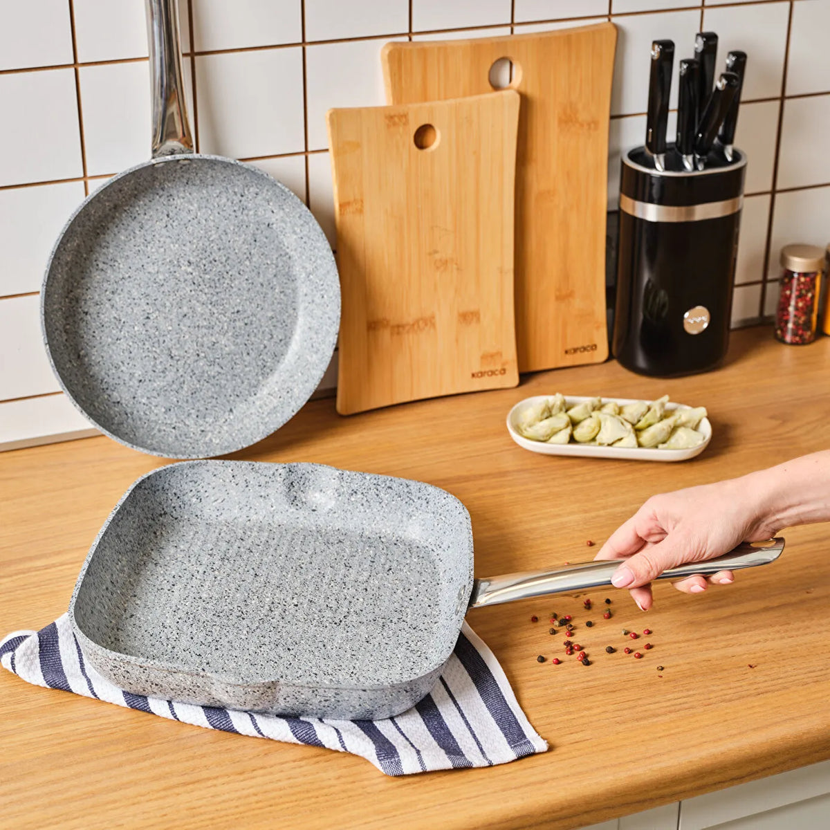 Karaca Biogranit Nare Wok & Grill Pan Set Blue – 2 Pieces, 153.09.01.3580