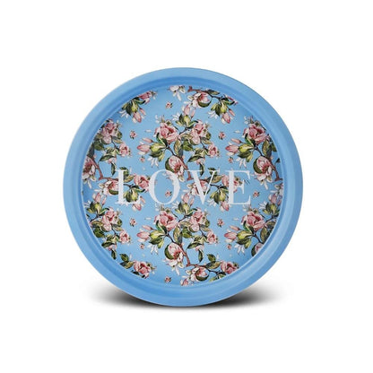 Karaca Love Metal Round Tray 35 cm - Blue Floral Decorative Serving Tray, 153.09.01.3986