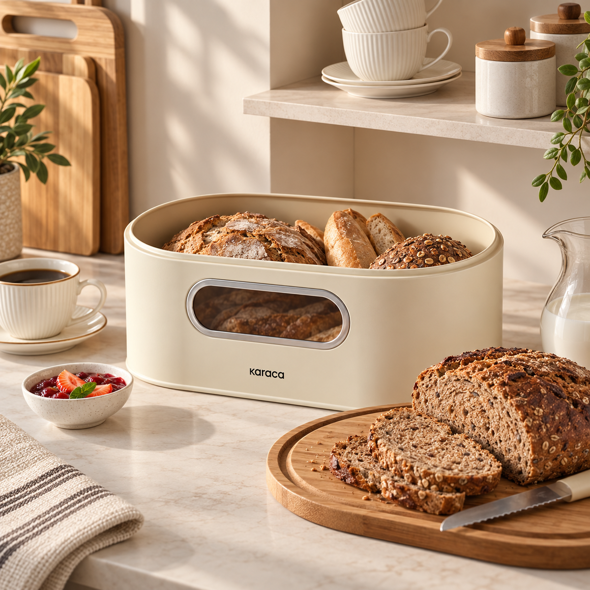Karaca Stream 2-in-1 Bread Box & Cutting Board – Cream, 153.09.01.4246