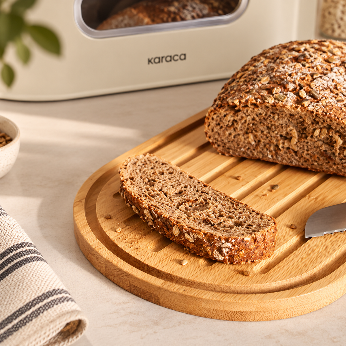 Karaca Stream 2-in-1 Bread Box & Cutting Board – Cream, 153.09.01.4246